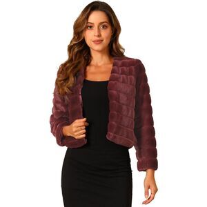 Winter Warm Cropped Jacket Collarless Faux Fur Fluffy Coat Dark Red